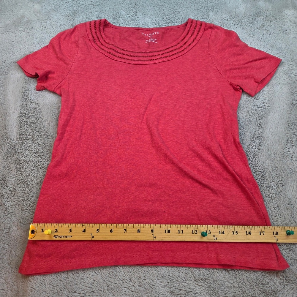Talbots Cotton Blend Tee Womens Sz P Crochet Trim Scoop Neck Short Sleeve‎ Pink